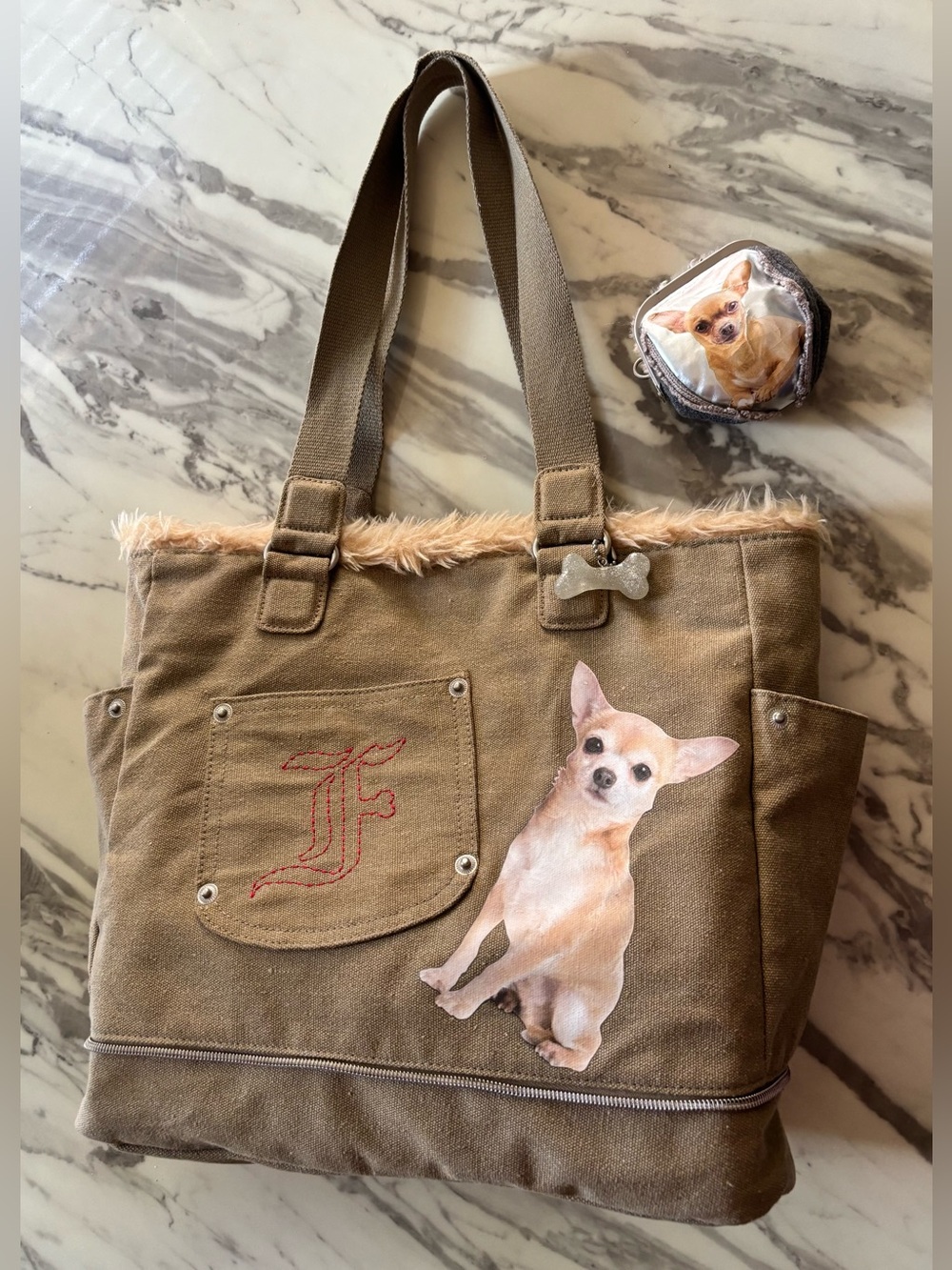 Fuzzy Nation Brown Canvas Dog Carrier Tote with Chihuahua Motif . 2 pcs.